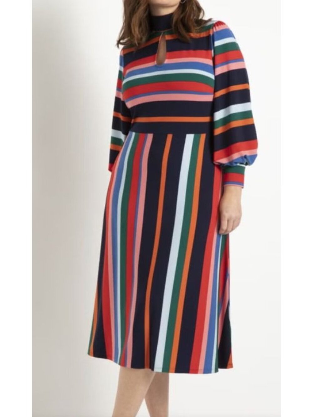 Eloquii Striped Midi Multi Color Tie Neck Keyhole Long Balloon Sleeve Dress Sz 1
